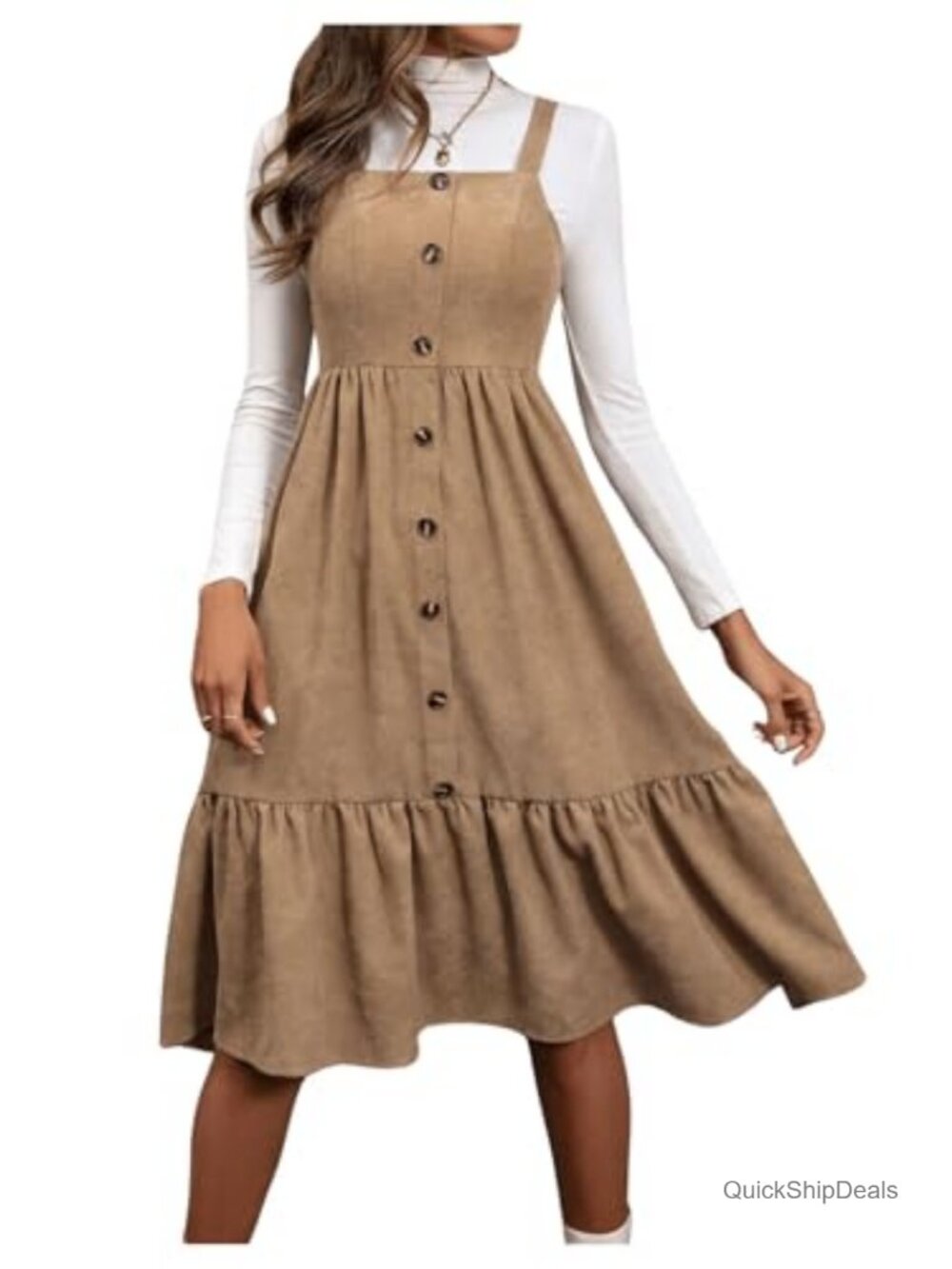 Sleeveless Ruffle Hem Corduroy Pinafore Jumper Dress Midi Square Neck